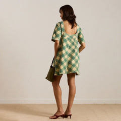 Damson Madder Womens Bridget Mini Dress Green Butter Gingham - Parasol Store