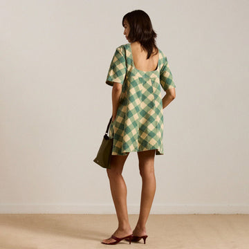 Damson Madder Womens Bridget Mini Dress Green Butter Gingham - Parasol Store