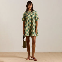 Damson Madder Womens Bridget Mini Dress Green Butter Gingham - Parasol Store