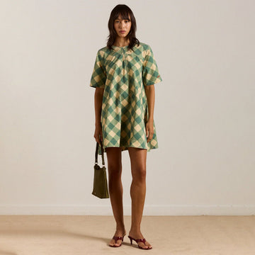 Damson Madder Womens Bridget Mini Dress Green Butter Gingham - Parasol Store