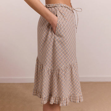 Damson Madder Womens Sigourney Ruffle Spiral Skirt Ginger Check