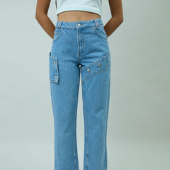 House of Sunny Womens Cowboy Denim Jeans Mid Blue Wash