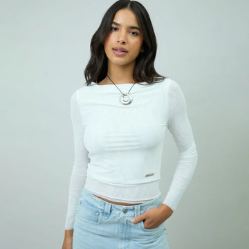 House of Sunny Womens Double Layer L/S Mesh Top Vintage White