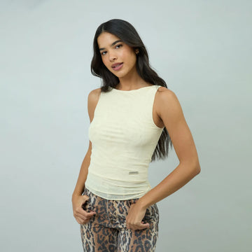 House of Sunny Womens Double Layer Sleeveless Mesh Top Butter