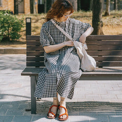 Kappy Womens Gingham Check Linen Dress Black - Parasol Store