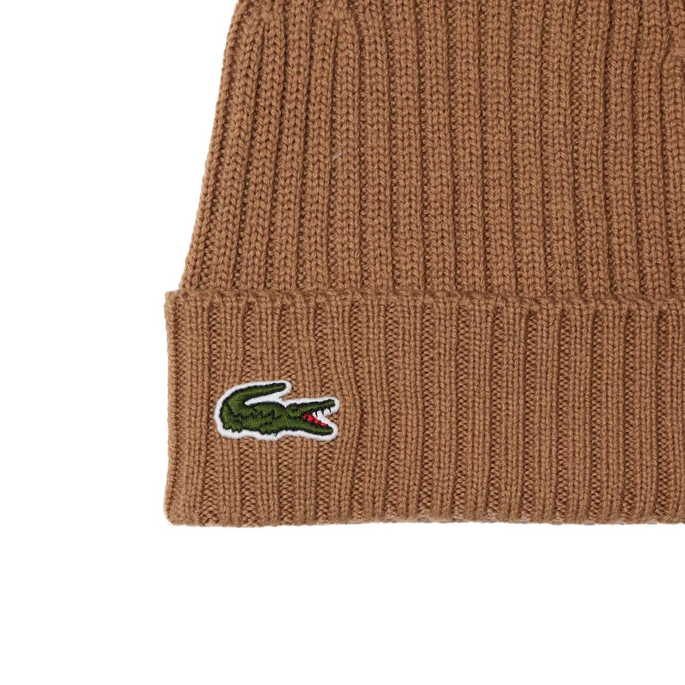 ​Lacoste Unisex Ribbed Wool Beanie Brown 