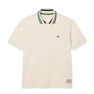Lacoste French Made Classic Fit Stripe Collar Polo Shirt Ecru White