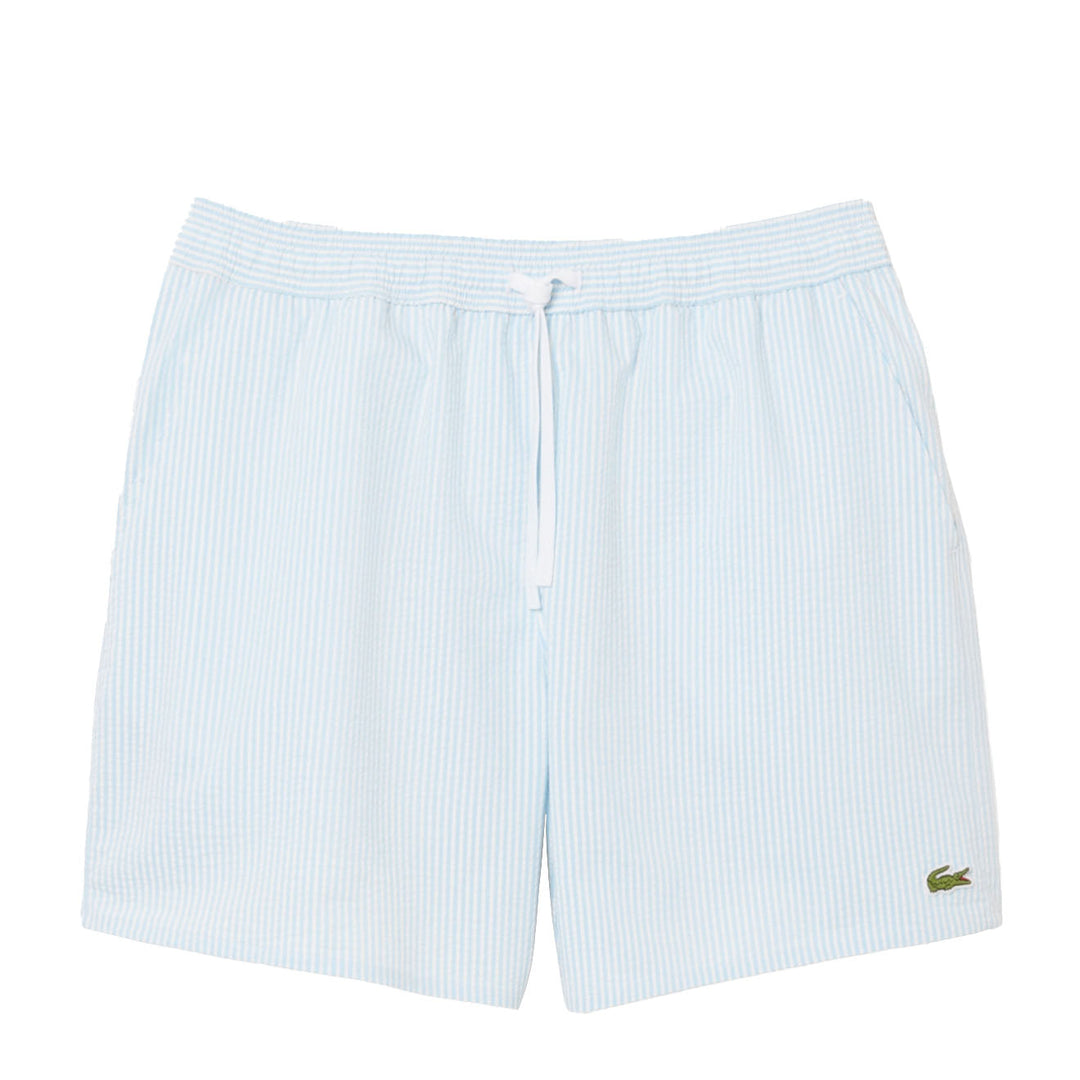 Lacoste Mid Length Striped Textured Swim Trunks White/Light Blue - Parasol Store