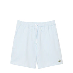 Lacoste Mid Length Striped Textured Swim Trunks White/Light Blue - Parasol Store