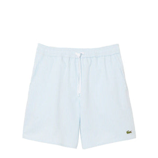 Lacoste Mid Length Striped Textured Swim Trunks White/Light Blue - Parasol Store