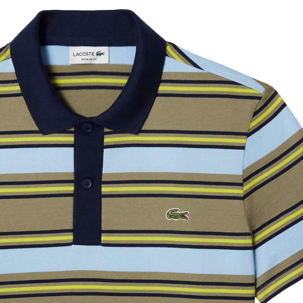 Lacoste Regular Fit Striped Cotton Polo Shirt Khaki Green / Blue - Parasol Store