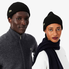Lacoste Rib Knit Brushed Wool Beanie Black