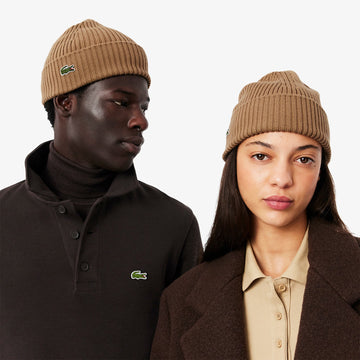 Lacoste Rib Knit Brushed Wool Beanie Date Brown