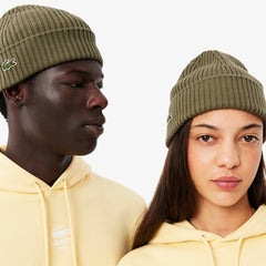 Lacoste Rib Knit Brushed Wool Beanie Khaki Green