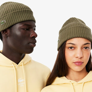 Lacoste Rib Knit Brushed Wool Beanie Khaki Green