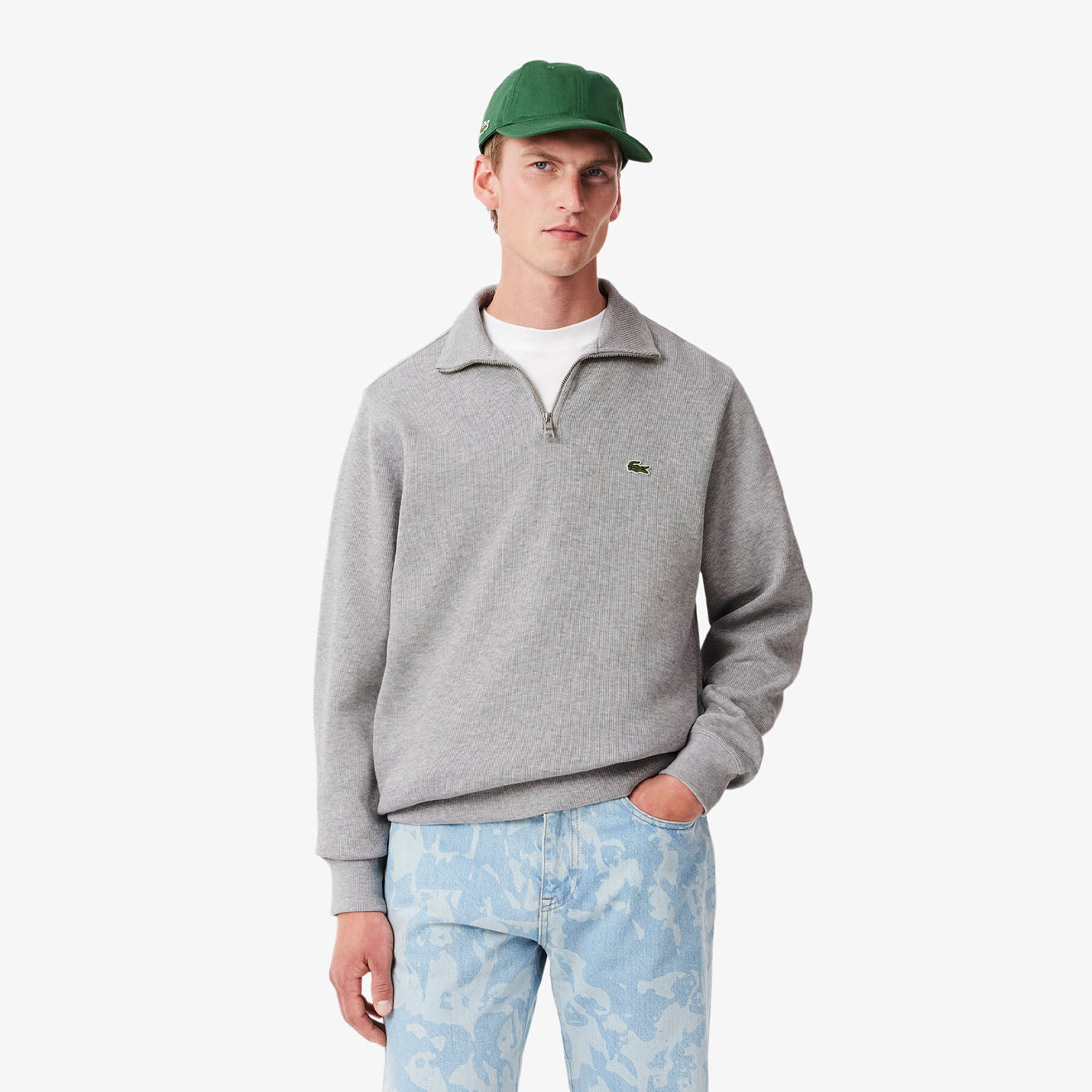 Lacoste Zip-Up High Neck Interlock Sweatshirt Light Heathered Grey - Parasol Store