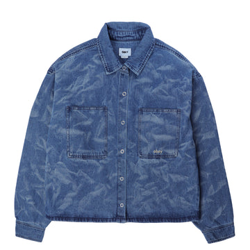 Obey Womens Trinity Wrinkle Denim Shirt Medium Stonewash Indigo Wrinkle