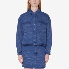 Obey Womens Trinity Wrinkle Denim Shirt Medium Stonewash Indigo Wrinkle