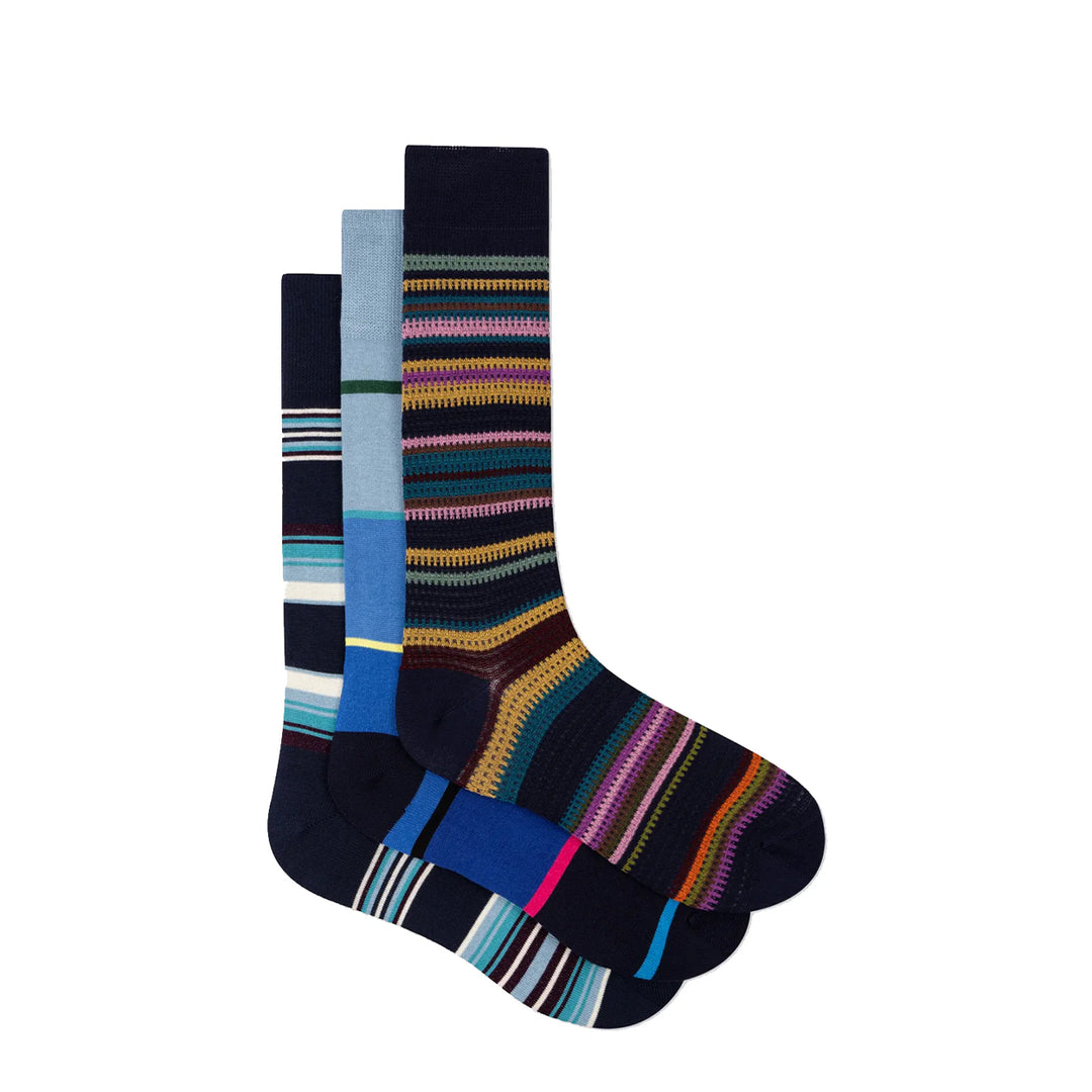Paul Smith Stripe Socks Three Pack Navy Mix - Parasol Store