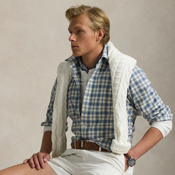 Polo Ralph Lauren Custom Fit Plaid Oxford Shirt Blue Cream - Parasol Store