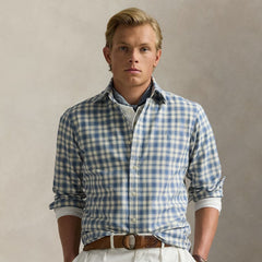 Polo Ralph Lauren Custom Fit Plaid Oxford Shirt Blue Cream - Parasol Store
