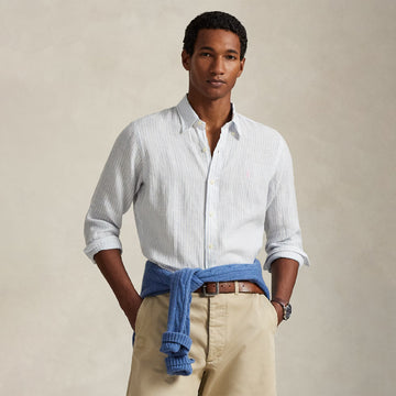 Polo Ralph Lauren Custom Fit Striped Linen Shirt White Blue