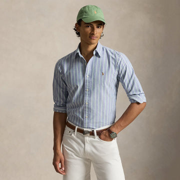 Polo Ralph Lauren Custom Fit Striped Oxford Shirt Navy Green Multi - Parasol Store