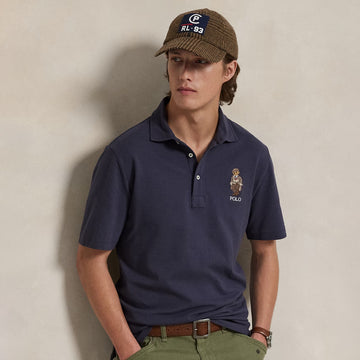 Polo Ralph Lauren Custom Slim Polo Bear Mesh Polo Shirt Faded Blue Heritage Bear - Parasol Store