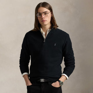 Polo Ralph Lauren Mesh-Knit Cotton Quarter-Zip Sweater Polo Black / Tonal PP - Parasol Store