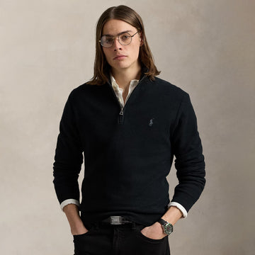 Polo Ralph Lauren Mesh-Knit Cotton Quarter-Zip Sweater Polo Black / Tonal PP - Parasol Store