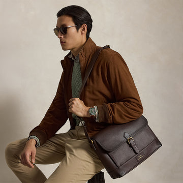 Polo Ralph Lauren Pebbled Leather Messenger Bag Dark Brown