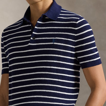 Polo Ralph Lauren Striped Cotton-Linen Polo Sweater Bright Navy Combo
