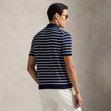 Polo Ralph Lauren Striped Cotton-Linen Polo Sweater Bright Navy Combo