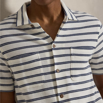 Polo Ralph Lauren Striped Pointelle-Jersey Camp Shirt Pale Cream / Newport Navy