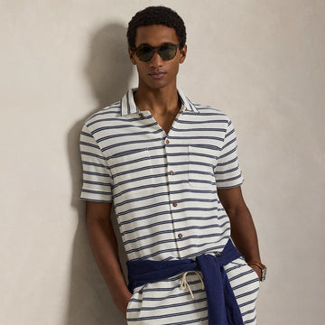 Polo Ralph Lauren Striped Pointelle-Jersey Camp Shirt Pale Cream / Newport Navy