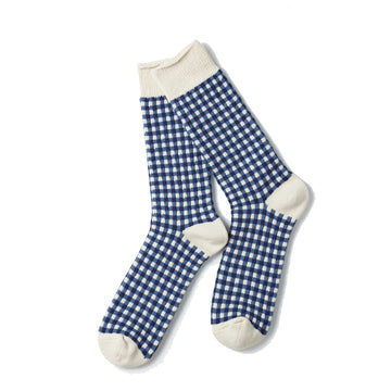 Rototo Jacquard Knit Gingham Sock Navy - Parasol Store