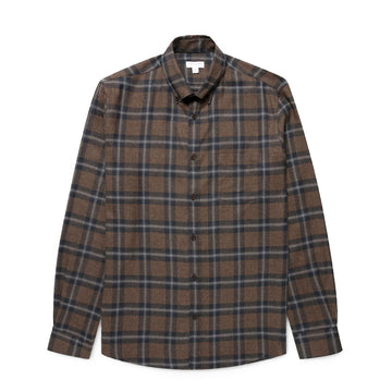 Sunspel Brushed Cotton Flannel Check Shirt Bark Check - Parasol Store