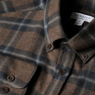 Sunspel Brushed Cotton Flannel Check Shirt Bark Check - Parasol Store