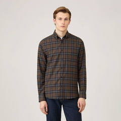 Sunspel Brushed Cotton Flannel Check Shirt Bark Check - Parasol Store