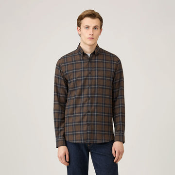 Sunspel Brushed Cotton Flannel Check Shirt Bark Check - Parasol Store