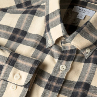 Sunspel Brushed Cotton Flannel Check Shirt Ecru / Truffle Check - Parasol Store