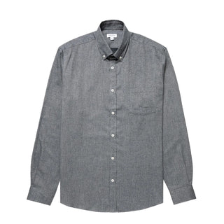 Sunspel Brushed Cotton Flannel Shirt Mid Grey Melange