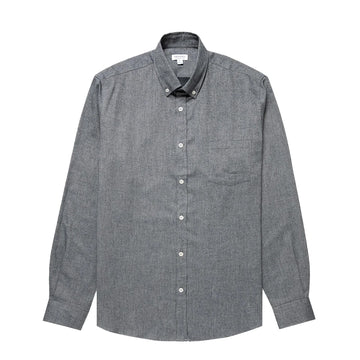 Sunspel Brushed Cotton Flannel Shirt Mid Grey Melange