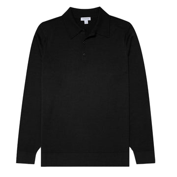 Sunspel Extra-Fine Merino Polo Shirt Black - Parasol Store