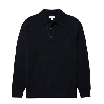 Sunspel Lambswool Polo Shirt Dark Navy Mouline - Parasol Store