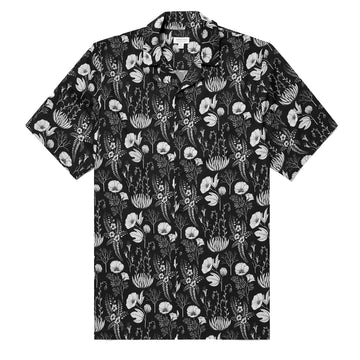 Sunspel Leaf Print Camp Collar Shirt Black - Parasol Store