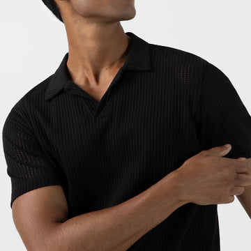 Sunspel Linear Mesh Polo Shirt Black - Parasol Store