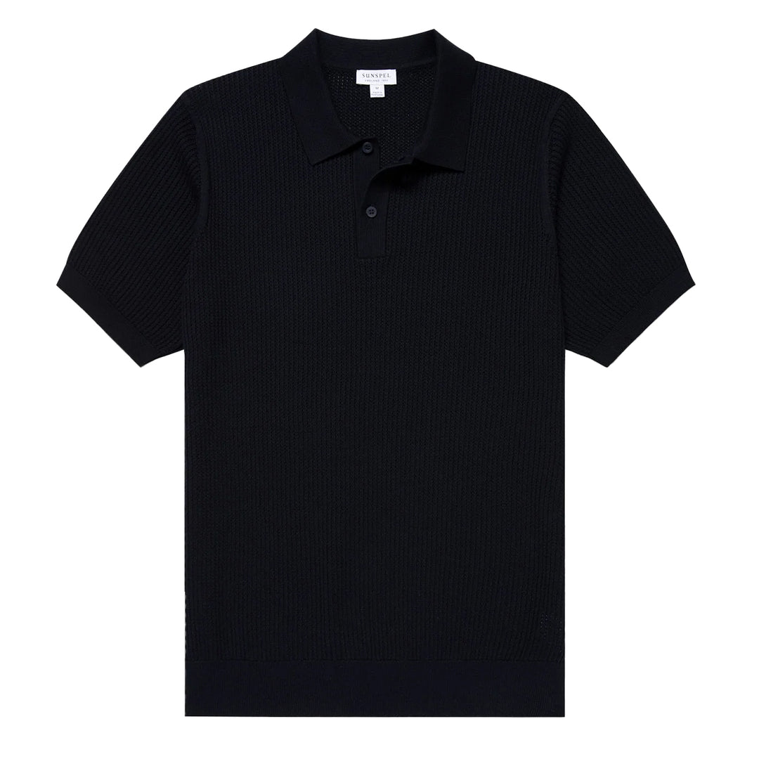 Sunspel Mesh Stitch S/S Polo Knitwear Navy - Parasol Store