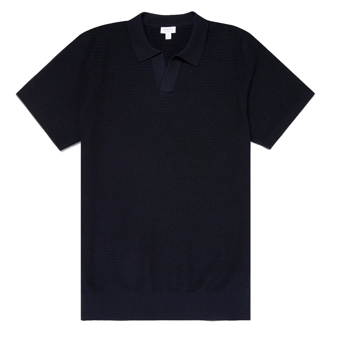 Sunspel Open Textured Polo Shirt Navy - Parasol Store