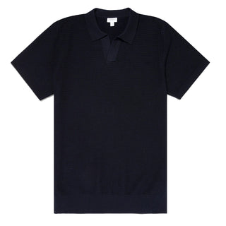 Sunspel Open Textured Polo Shirt Navy - Parasol Store